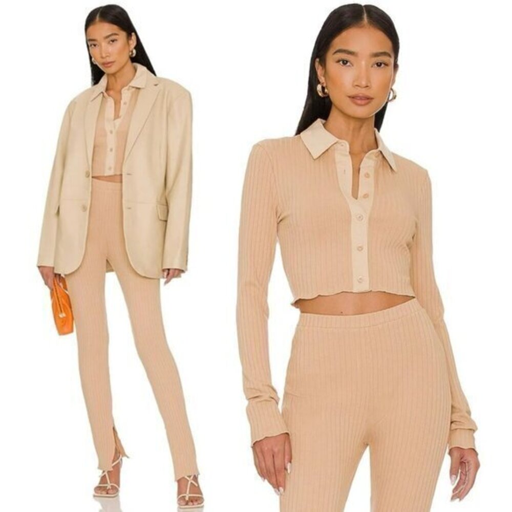 L'Academie Cropped Button Down Top and Split Legging Set in Taupe Nude